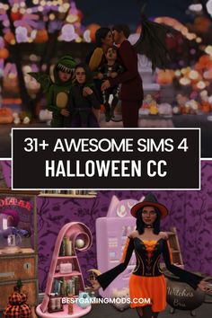 some animated characters in halloween costumes and text that reads 31 + awesome sims 4 halloween cc