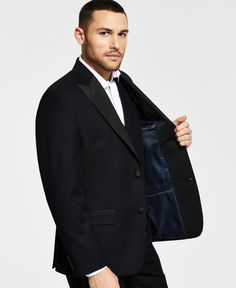 Make sure your style shines at your next sophisticated soiree with the crisp classic lines and shimmering peak lapel of this comfortable stretch suit jacket from Alfani. Tailored Black Tuxedo For Fall, Formal Black Notch Lapel Outerwear, Black Formal Notch Lapel Outerwear, Black Tuxedo For Fall, Black Notch Lapel Formal Outerwear, Classic Black Fall Suit, Black Tuxedo Style Sport Coat With Notch Lapel, Black Notch Lapel Tuxedo Sport Coat, Black Notch Lapel Tuxedo For Fall