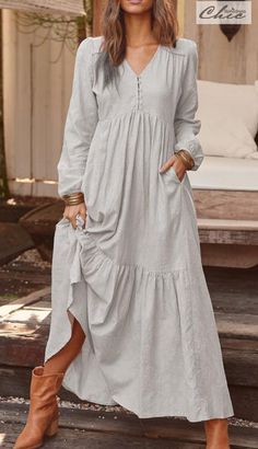 Shop Now $29.99|| Long Sleeve Simple V-neck Maxi Dress Sukienki Maksi, Vacation Maxi Dress, Cotton Long Dress, Womens Fall Dress, Long Sleeve Casual Dress, Women Maxi, Long Sleeve Maxi, Fashion Colours, Types Of Skirts