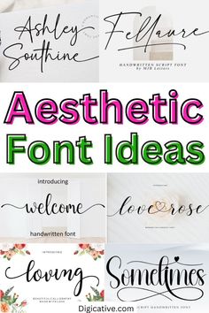 some type of font that is in different styles and colors, with the words aestheticic on