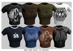 six t - shirts with different designs on them, all in different colors and sizes