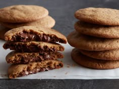 chocolate chip cookies stacked on top of each other