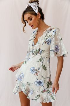 Shop the June Angel Sleeve Ruffle Detail Dress Floral Print Beige | Selfie Leslie Pink Dress Shoes, June Dress, Nude Strappy Heels, Angel Sleeve, Clothing Tags, Floral Print Dress, Dress Details, Ruffles, Summer Women