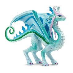 a blue and green dragon figurine on a white background