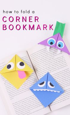 two origami bookmarks with the title how to fold a corner bookmark