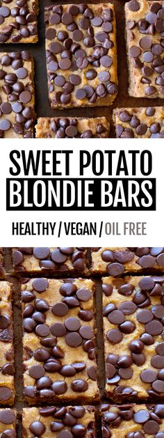 sweet potato blondie bars with chocolate chips on top and text overlay that reads, sweet potato blondie bars healthy / vegan oil free