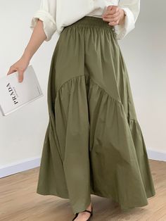 Casual Patchwork Skirt For Fall, Casual Patchwork Skirt, Casual Patchwork Flared Skirt, Casual Patchwork Flared Skirt Bottoms, Casual Patchwork Skirt For Spring, Casual Long Patchwork Skirt, Casual Khaki Midi Skirt, High Waist Khaki Skirt For Spring, Spring Green Patchwork Maxi Skirt