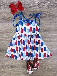 Popsicle Party USA Girls Ti... Playful Red Sundress For Summer, Playful Red Sundress For The Beach, Playful Summer Dress With Tie Straps, Playful Spaghetti Strap Beach Dress, Playful Summer Dress With Spaghetti Straps, Playful Spaghetti Strap Summer Dress, Sleeveless Beach Dress For 4th Of July, Casual Beach Dress For 4th Of July, Patriotic Sleeveless Dress For Spring