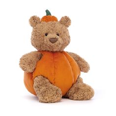 a brown teddy bear sitting on top of a pumpkin