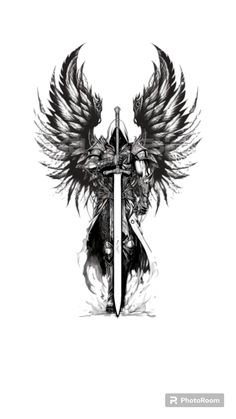 Armored Angel Tattoo, Warrior Wings Tattoo, Knight With Wings Tattoo, Tattoo Warrior Symbol, Mythical Tattoos Men, Warrior Angel Art, Warrior Angel Tattoo, Tattoo Ideas Book, Group Tattoo Ideas