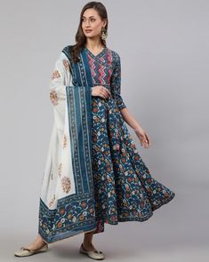 Blue Cotton Ethnic Motif Print Angrakha Style Anarkali Suit Set Blue Anarkali Kurta For Transitional Season, Indigo Anarkali Traditional Wear For Navratri, Indigo Anarkali For Navratri, Unstitched Blue Floral Print Anarkali Set, Transitional Long Sleeve Blue Anarkali Set, Designer Anarkali Kurta In Indigo, Indigo Anarkali Dupatta For Eid, Anarkali Palazzo Set With Floral Print In Blue, Blue Bollywood Style Kurta With Floral Print