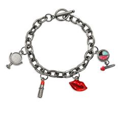 The perfect gift for any Makeup Artist, Cosmetologist or Fashionista! Our NEW Toggle Charm Bracelet is available in an antique gold or antique silver finish and features 4 coordinating, hand-painted, theme-specific charms. Bracelet length is 7.0 inches and secures with toggle bar and clasp for easy, one-handed closure. Classic chain design is terrific on its own, layered with other bracelets, or with any of our handcrafted watches! Gunmetal Metal Chain Bracelet For Gift, Gunmetal Bracelet Jewelry Gift, Gunmetal Bracelet Jewelry For Gift, Vintage Charm Metal Chain Bracelet Gift, Vintage Charm Metal Chain Bracelet As Gift, Antique Silver Metal Charm Bracelet Gift, Gunmetal Chain Bracelet As Gift, Gifts Makeup, Gift Makeup