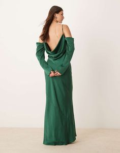 Dress by ASOS DESIGN From one occasion to another Cowl neck Adjustable straps Long sleeves Cold-shoulder design Draped back Regular fit Asos Forest Green Dress, Asos Sage Green Bridesmaid Dress, Green Asymmetrical Neckline Pre-draped Dress, Formal Dress Shops, Jane Dress, Spring Floral Dress, Satin Maxi, Satin Maxi Dress, Plus Size Skirts