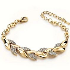 Simulated Diamonds Golden Leaf Mosaic Alloy Bracelet With Simulated Diamonds- Elegant Daily Wear Jewelry Gift For Women Leaf Mosaic, Daily Wear Jewellery, Women Bracelets, Rhinestone Material, Golden Leaf, Leaf Bracelet, Stylish Bracelet, Boutique Jewelry, Leaf Shapes