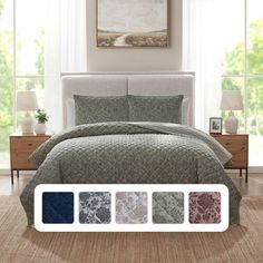 an image of a bedroom setting with comforter and bed linens in different colors