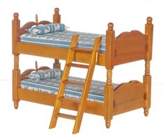 a wooden bunk bed with two ladders