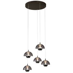 three lights hanging from a ceiling fixture with chrome finish and black glass shades on the bottom