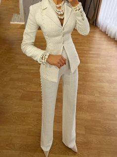 Elegant White Slim Fit Bottoms, Elegant Tailored Dress Pants, Elegant Wide Leg Pantsuit, Elegant Tailored Pants For Office, Elegant Tailored Office Pants, Elegant Formal Suits With Long Pants, Elegant Formal Pantsuit, Elegant Business Suits With Long Pants, Elegant Single-breasted Formal Pants