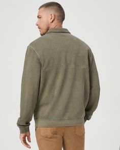 This pullover is the perfect mid-weight layer as we transition into the colder months. Expertly constructed in an ultra-soft and lightweight 100% twill terry fabric, this easy collared sweatshirt is designed with a quarter zip and comes in a sage green pigment dyed hue for a lived-in look. We’ll be wearing the Davion Pullover with every shade of denim for seasons to come. | Davion Quarter Zip Pullover - Vintage White Sage | Size Medium Relaxed Fit Half-zip Outerwear With Ribbed Collar, Relaxed Fit Fleece Outerwear With Ribbed Collar, Cotton Half-zip Outerwear With Ribbed Collar, Relaxed Fit Outerwear With Ribbed Collar For Layering, Men Store, Collared Sweatshirt, Terry Fabric, White Sage, Denim Shoes