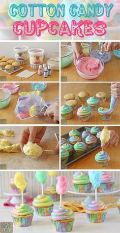 the process of making cupcakes with icing and sprinkles is shown