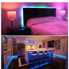 two photos side by side one has a bed and the other has a bar