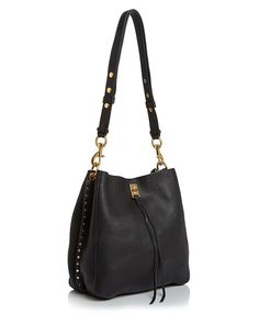 Rebecca Minkoff - Darren Leather Shoulder Bag Black Calf Leather Satchel With Gold-tone Hardware, Black Calf Leather Shoulder Bag With Gold-tone Hardware, Black Bucket Bag With Top Handle And Metal Hardware, Black Calf Leather Shoulder Bag For Everyday, Everyday Black Calf Leather Shoulder Bag, Black Calf Leather Bucket Bag With Adjustable Strap, Black Calf Leather Crossbody Shoulder Bag, Black Calf Leather Bag With Removable Pouch, Black Calf Leather Hobo Bag For Everyday Use