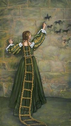 a painting of a woman wearing a green dress and holding her hand up to the wall