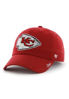 '47 Kansas City Chiefs Red Sparkle Clean Up Womens Adjustable Hat - Image 1 Kansas City Chiefs Outfit Woman, Chiefs Apparel, Kansas City Chiefs Apparel, Chief Clothes, Kc Chiefs Football, Sequin Hat, Kansas City Chiefs Logo, Chiefs Logo, Kansas City Chiefs Football