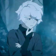 an anime character with white hair and blue eyes standing in front of a dark background