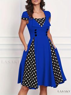 Lasaky - Chic Polka-dot Print Color Block A-line Dress with Elegant Swing Button Detail, Womens Fashion Apparel Polka Dot Knee-length Dress With Buttons, Elegant Polka Dot Dresses With Buttons, Spring Polka Dot Dress With Button Closure, Polka Dot Dress With Button Closure For Spring, Polka Dot Spring Dress With Buttons, Polka Dot Short Sleeve Dress With Button Closure, Polka Dot Dresses With Buttons And Short Sleeves, Polka Dot Print, Vintage Fabric