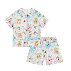 This set of plaid pajamas features animal and floral prints, with two pockets on the top for added convenience.Get ready for a comfortable and stylish night's sleep in this adorable and practical sleepwear.  The price includes only one set of pajamas.   	 		 			Top Size 			S 			M 		 		 			Length 			66 			68 		 		 			Bust 			102 			106 		 		 			Shoulders 			47 			48 		 		 			Sleeve Length 			19 			20 		 	      	 		 			Shorts Size 			S 			M 		 		 			Length 			42 			44 		 		 			Waist 			68-98 			72 Cute Floral Print Sleepwear For Pajama Party, Plaid Cotton Sleepover Sets, Plaid Cotton Sets For Sleepover, Plaid Sleepwear With Pockets For Loungewear, Casual Sets With Pockets For Sleepover, Casual Sleepwear With Pockets For Sleepovers, Multicolor Cartoon Print Sleepwear For Pajama Party, Cute Printed Sleepwear For Pajama Party, Cute Printed Sleepwear For Sleepovers