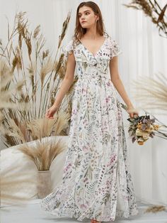 MissJophiel Cap Sleeves Chiffon V Neck Print Floral Ivory Floor Length Formal Evening Gown Vestidos Color Vino, Women Cape, Long Gown For Wedding, Wedding Party Bridesmaid, Floral Bridesmaid Dresses, Formal Evening Gown, Long Formal Gowns, Capes For Women, Cape Sleeves