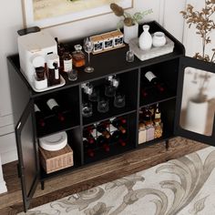 a black cabinet with bottles and jars on it