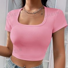 Pink Shein Crop Tee Never Worn Size:M Tight Crop Top, Tops Korean, Cute Tops For Women, Summer Christmas, Christmas Clothes, Summer Crop Tops, Pink Crop Top, Ribbed Crop Top, Crop Top Outfits