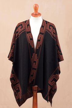 Peruvian artisan Waldo Berrios draws inspiration from the textiles of the ancient Inca as he designs this feminine ruana. Knit from a luxuriously soft alpaca blend this reversible ruana combines hues of black and mahogany that create geometric swirl patterns along the shoulders and hems. Celtic Ruana, Bohemian Alpaca Shawl Cape, Long Sleeve Alpaca Bohemian Poncho, Black Alpaca Shawl Poncho, Brown Alpaca Poncho Cape, Antique Jewelry Indian, Witchy Fashion, Autumn Fashion Casual, Swirl Pattern