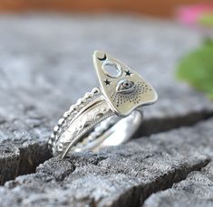 "Planchette Ouija Ring Set details: -Solid .925 sterling silver -Planchette measures approx. 14x11mm, Ring band measures 1.2mm wide -1.2mm Beaded stacking Ring -3mm width Boho Floral pattern ring -Comfortable and easily stackable! -Available in US sizes 1-11 with half sizes. *Single Planchette Ringset shown here: https://www.etsy.com/listing/830243453/planchette-ring-ouija-ring-moon-and-star?ref=shop_home_active_1&frs=1 Looking for a last minute or unique Christmas gift? Visit our \"READY TO Witchy Ring, Beaded Stacking Rings, Ring Moon, Halloween Ring, Moon And Star Ring, Seeing Eye, Pattern Ring, All Seeing Eye, Fortune Telling