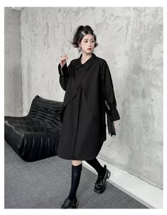 Moongor Street Style Fake Two Piece Button Long Sleeve Midi Dress Black Knee-length Outerwear For Office, Long Sleeve Shirt Dress For Office In Winter, Black Long Sleeve Shirt Dress For Winter, Black Long Sleeve Winter Shirt Dress, Long Sleeve Winter Shirt Dress For Office, Winter Long Sleeve Shirt Dress For Office, Black Long Sleeve Shirt Dress For Fall, Black Collared Shirt Dress For Winter, Casual Black Knee-length Outerwear