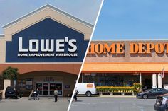 the front and side of a home depot store with cars parked in front of it