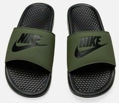 NIKE BENASSI JDI MEN'S CARGO KHAKI / BLACK 343880 302 Nike Slippers For Men, Nike Benassi Slides, Nike Slippers, Nike Benassi, Nike Branding, Slippers For Men, Mens Shoes Sandals, Cargo Khaki, Guys Clothing Styles