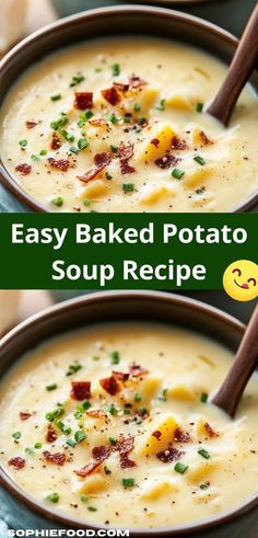 two bowls filled with potato soup and topped with bacon