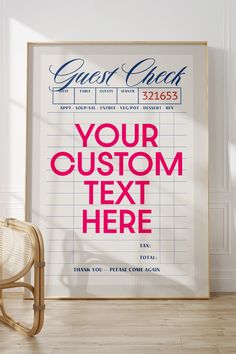 a poster with the words your custom text here on it in front of a chair