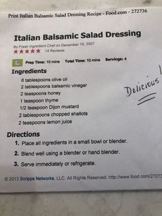 a recipe for italian balsamic salad dressing is shown on a white piece of paper