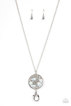 A bubbly collection of white rhinestones and round and marquise opalescent gems coalesce inside of a silver frame, creating an effervescent pendant at the bottom of a silver chain. A lobster clasp hangs from the bottom of the design to allow a name badge or other item to be attached. Features an adjustable clasp closure. Sold as one individual lanyard. Includes one pair of matching earrings. Accessories Website, Shopping Jewelry, Bling Fashion, Lanyard Necklace, Feeling Pretty, Paparazzi Accessories, White Necklace, White Jewelry, White Rhinestone