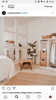 a bedroom with white walls and carpeted flooring is featured on the instagram page