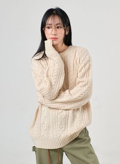 cozy-cable-knit-sweater-of405 / Light beige Knit Sleeve, School Looks, Midi Dress Casual, Body Size, Straight Pants, Light Beige, Knitting Designs, Cable Knit, Casual Women