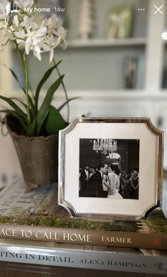 a photo frame sitting on top of a stack of books next to a potted plant