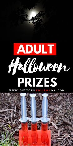 an adult halloween prize is shown in front of some trees and grass with the words adult halloween prizes on it