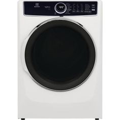 the front load washer is white and has a black knob on the front door