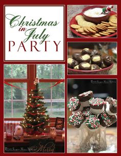 christmas in july party flyer with cookies and desserts on the table next to a tree