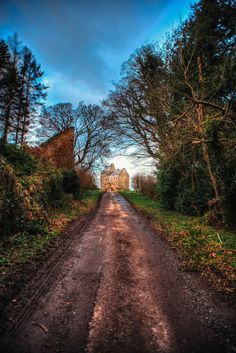 a dirt road with trees on both sides and an old building in the distance behind it